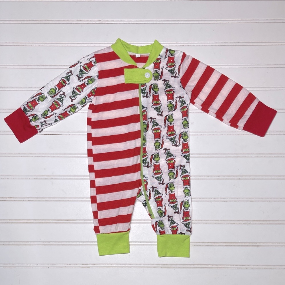 BOUTIQUE EUC Christmas Color Block Striped The Grinch Zip Up Pajamas
